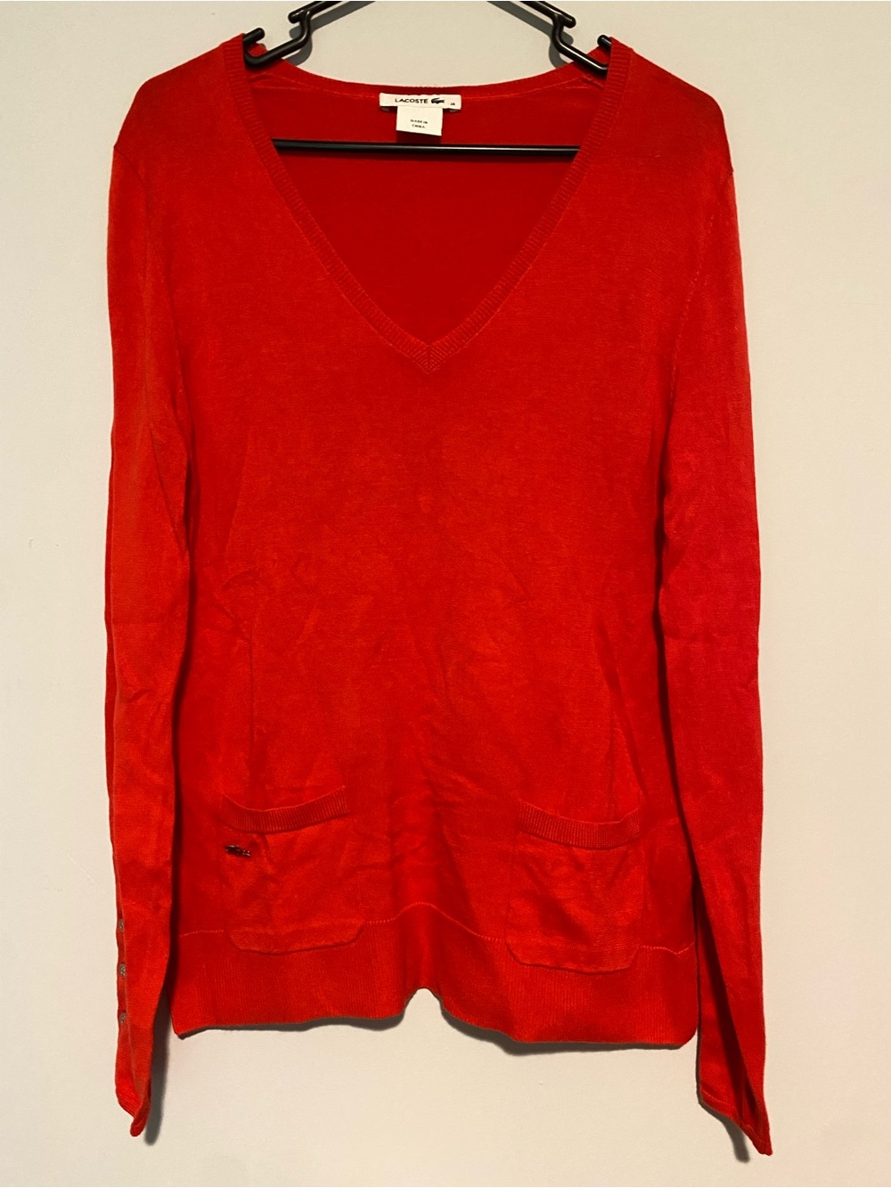 Lacoste Red V-Neck Long Sleeve Top with Pockets & Cuff Buttons Size 38 (US Med)